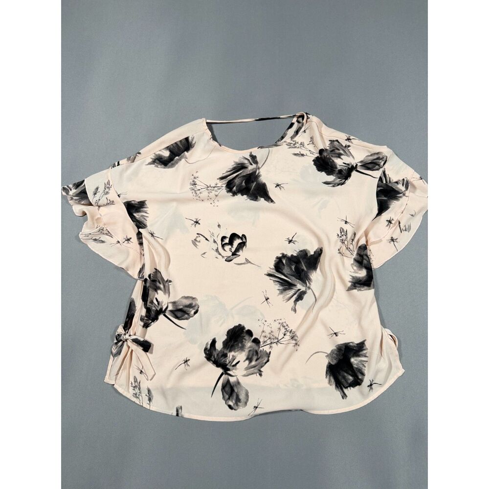 Express S Black Cream Floral Dragonfly Cold Shoulder Tie Sleeve Chiffon Blouse